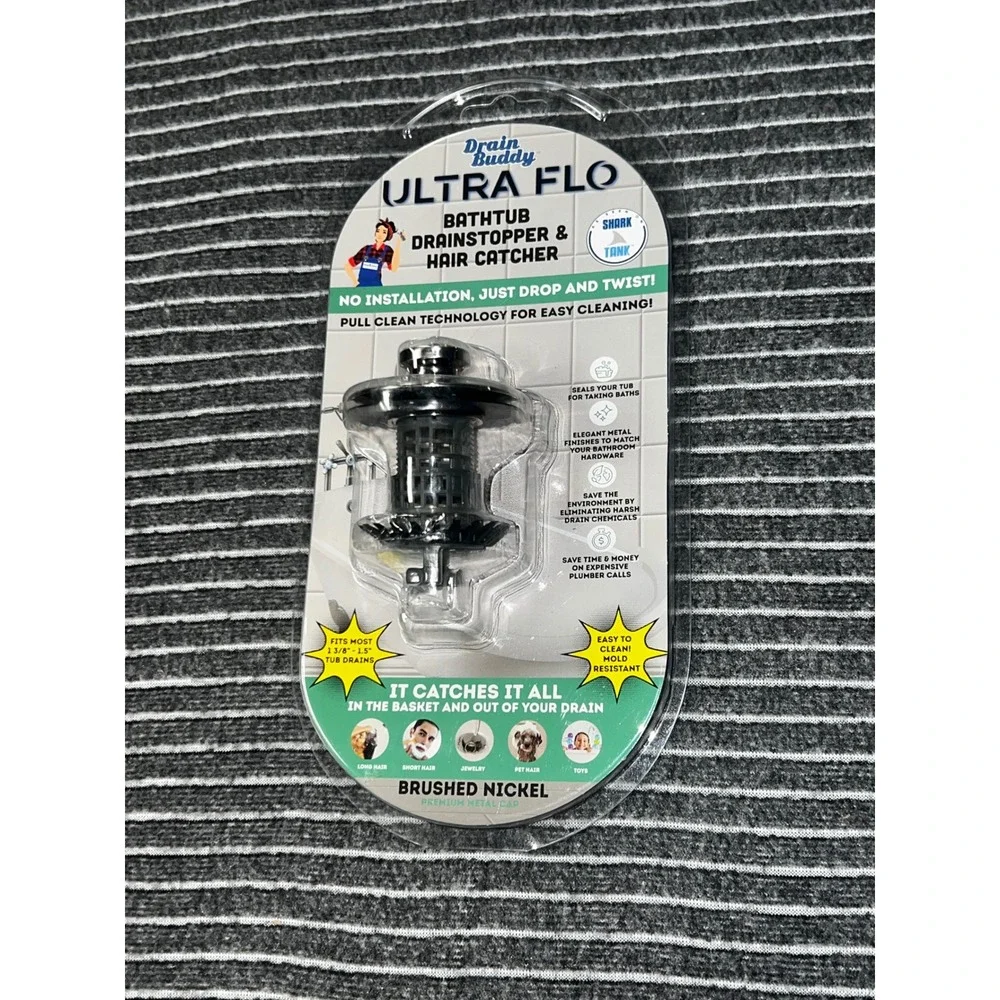 Drain Buddy Ultra Flo Bathtub Drain Stopper Hair Catcher‎ Brushed Nickel BUF TUB
